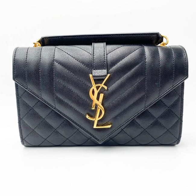 Saint Laurent Monogram Envelope Grain De Poudre Textured Mixed Matelasse Triquilt Small Black Leather Shoulder Bag