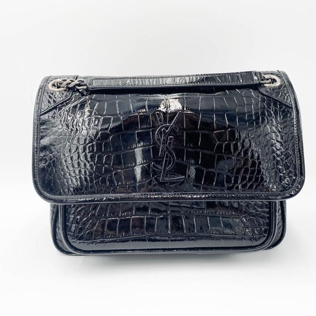 Saint Laurent Niki Medium Crocodile-embossed Black Patent Leather Shoulder Bag