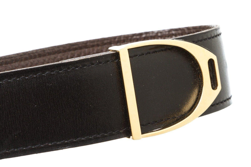 Hermes Vintage Black Brown Togo Leather Etrier Belt 85