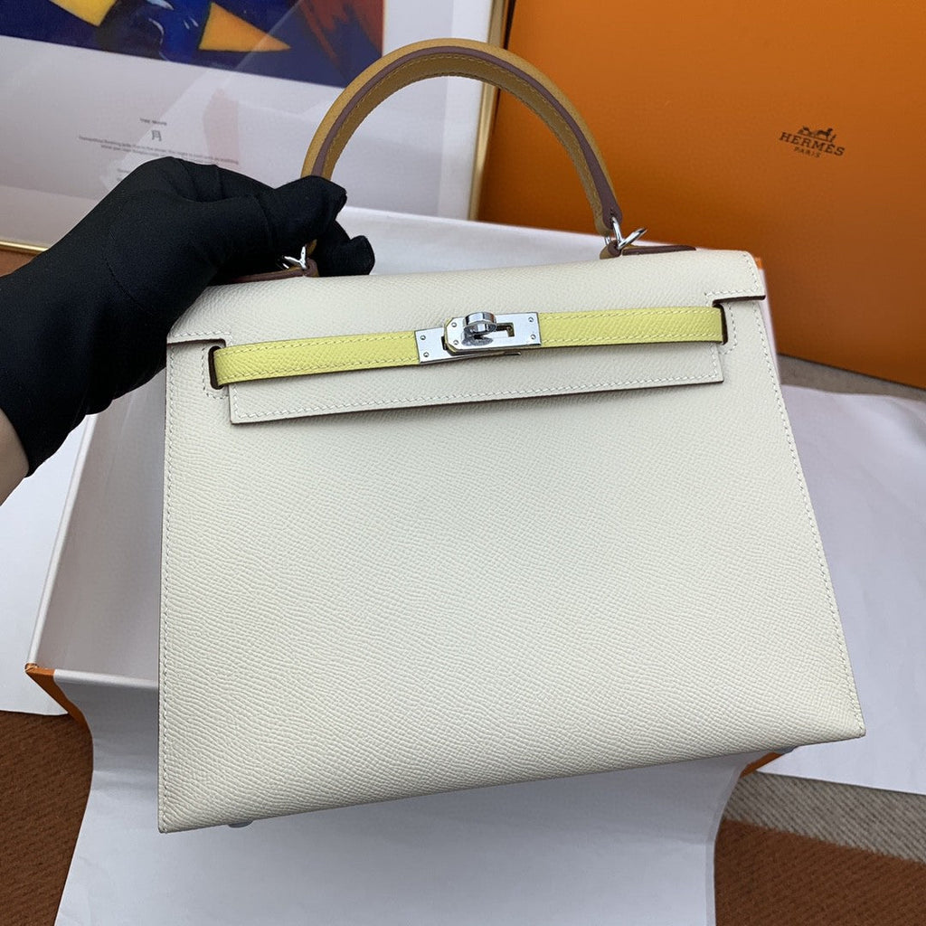 Hermes Kelly 25 Togo Silver Hardware White