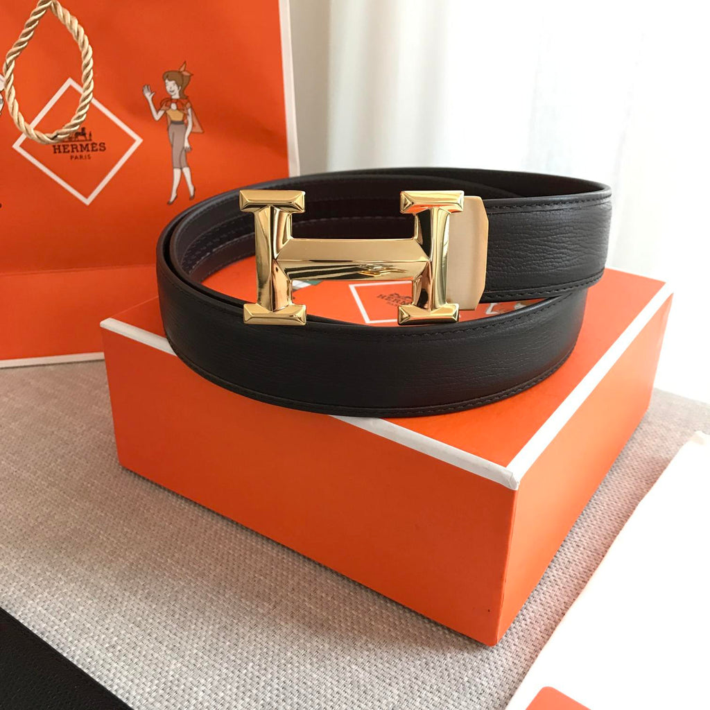 Hermes H Belt Buckle & Leather Strap Black