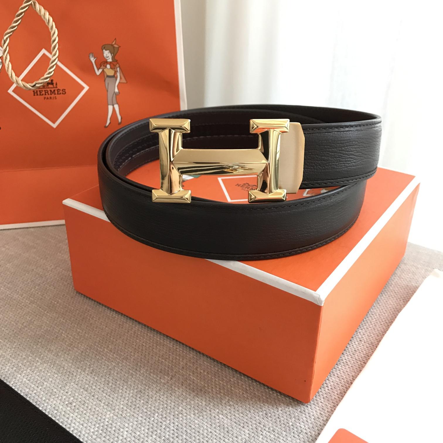 Hermes H Belt Buckle & Leather Strap Black
