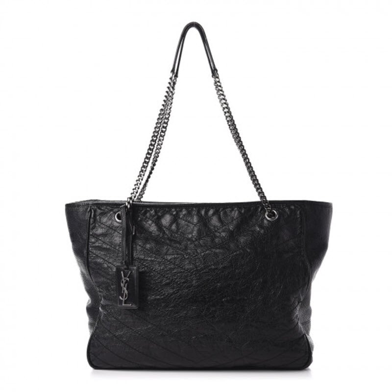 Saint Laurent Niki Crinkled Matelasse Monogram Large Shopping Black Calfskin Leather Tote