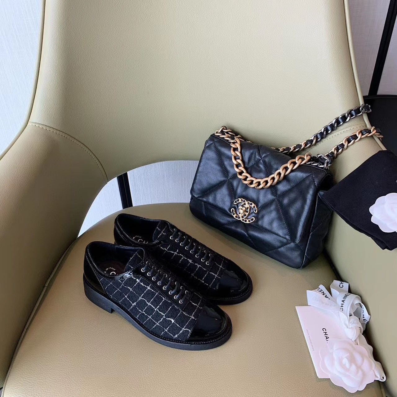 Chanel Tweed Lace Up Shoes Calfskin Leather Spring/Summer Collection Black