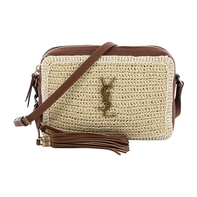 Saint Laurent Monogram Lou Camera Raffia Canvas Beige Brown Leather Shoulder Bag