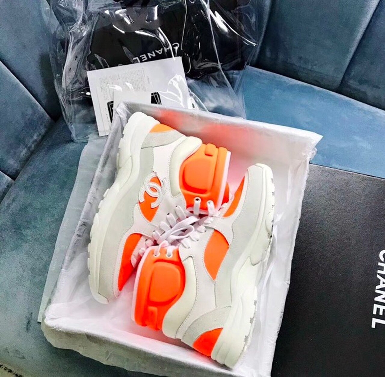 Chanel Hightop Sneakers Spring/Summer Act 2 Collection Fluorescent Orange/White/Grey