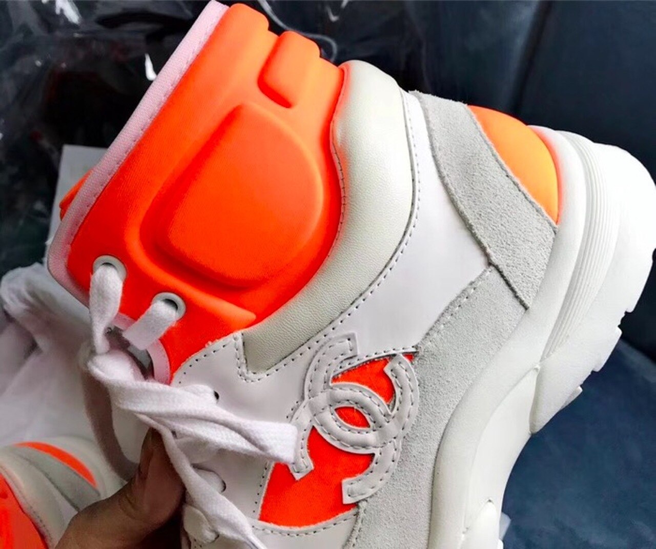 Chanel Hightop Sneakers Spring/Summer Act 2 Collection Fluorescent Orange/White/Grey
