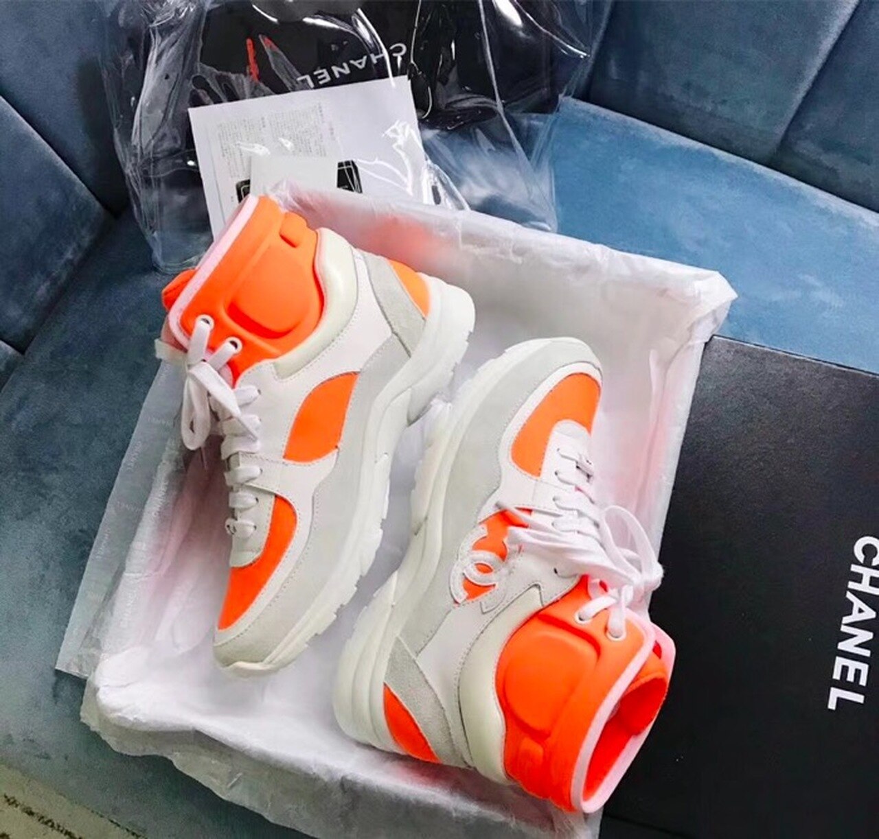 Chanel Hightop Sneakers Spring/Summer Act 2 Collection Fluorescent Orange/White/Grey