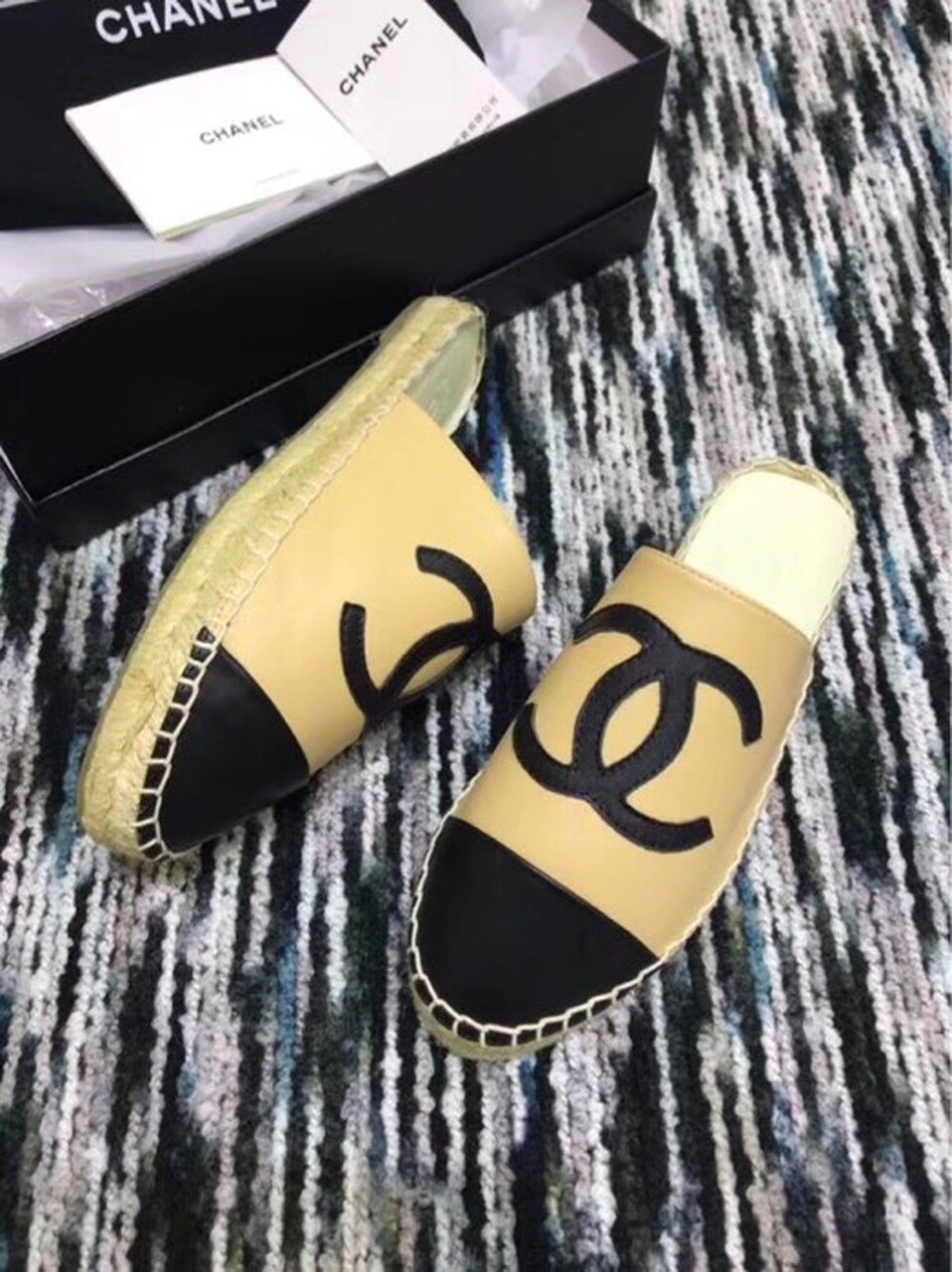 Espadrille Slides Mules Calfskin Leather Spring/Summer Act 2 Collection, Beige/Black
