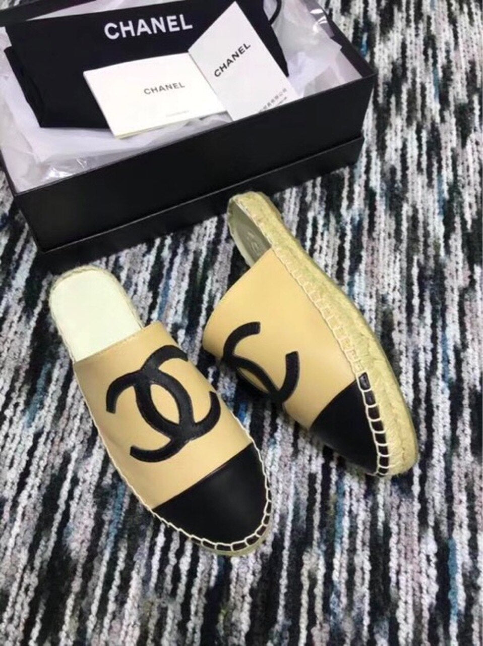 Espadrille Slides Mules Calfskin Leather Spring/Summer Act 2 Collection, Beige/Black