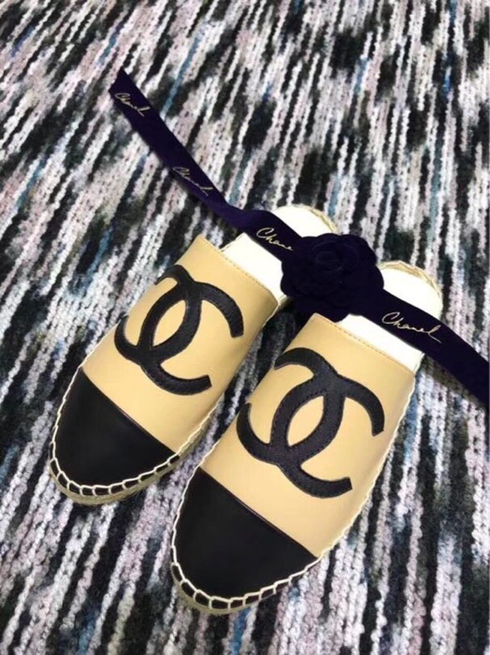 Espadrille Slides Mules Calfskin Leather Spring/Summer Act 2 Collection, Beige/Black