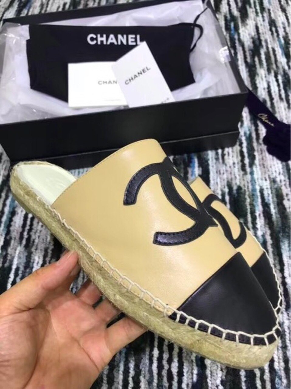 Espadrille Slides Mules Calfskin Leather Spring/Summer Act 2 Collection, Beige/Black