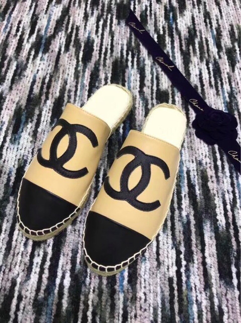 Espadrille Slides Mules Calfskin Leather Spring/Summer Act 2 Collection, Beige/Black