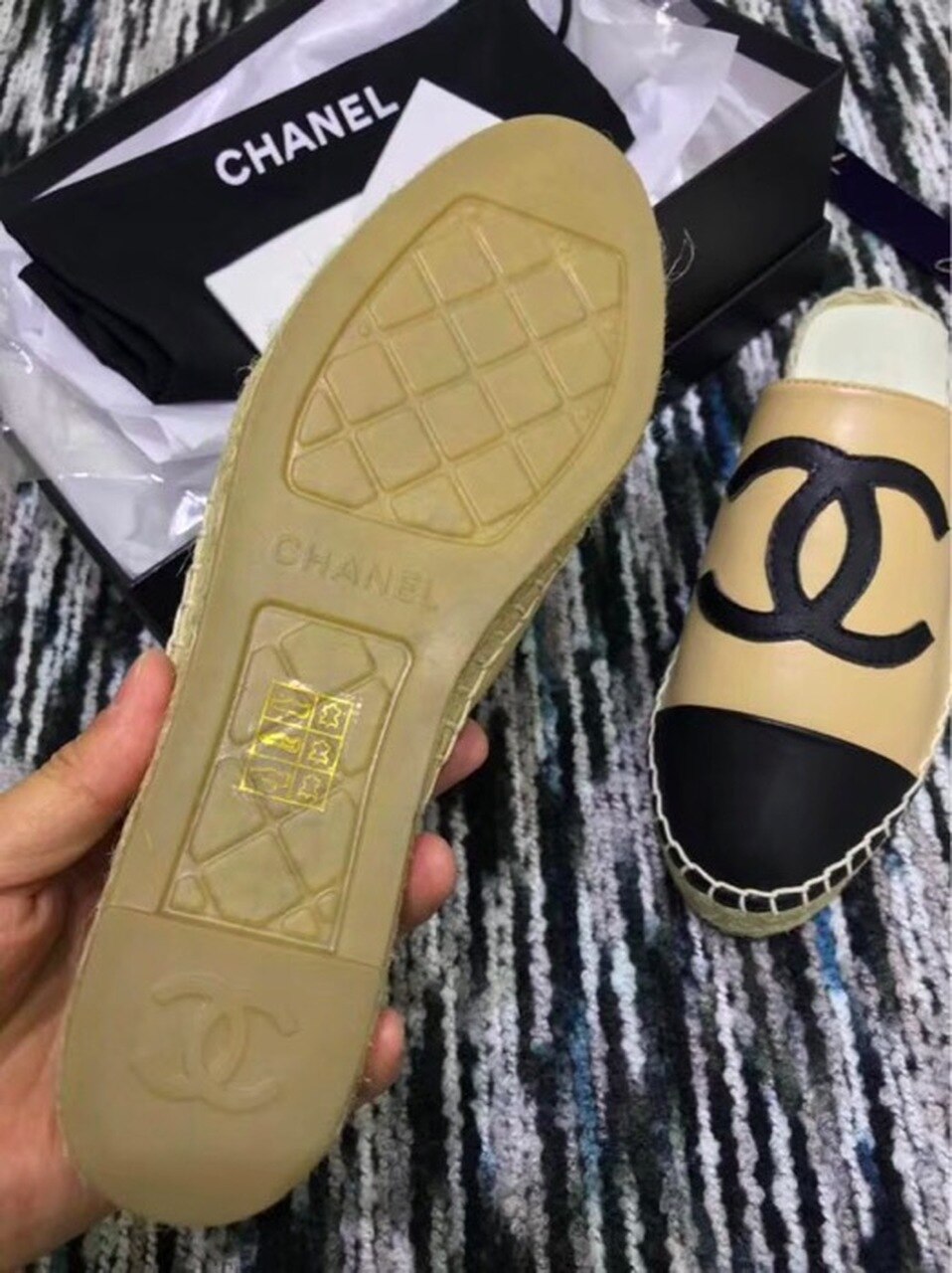 Espadrille Slides Mules Calfskin Leather Spring/Summer Act 2 Collection, Beige/Black