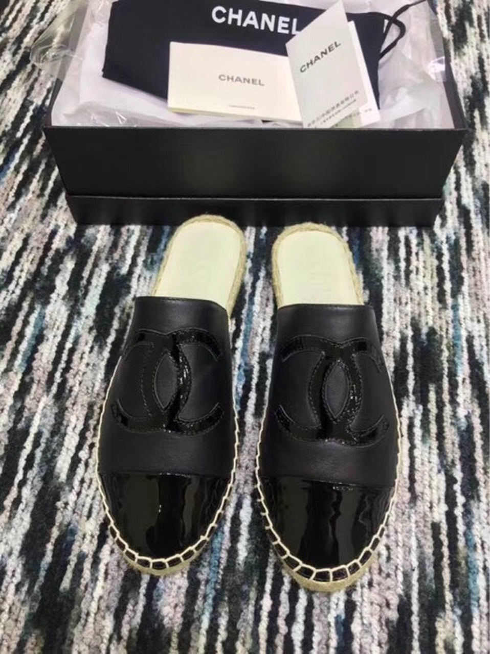 Chanel Espadrille Slides Mules Calfskin Leather Spring/Summer Act 2 Collection Black/Black