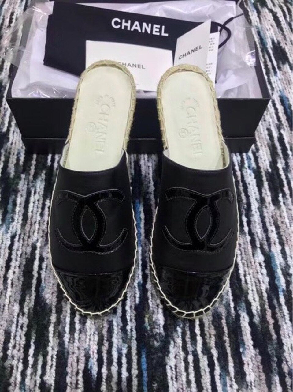 Chanel Espadrille Slides Mules Calfskin Leather Spring/Summer Act 2 Collection Black/Black