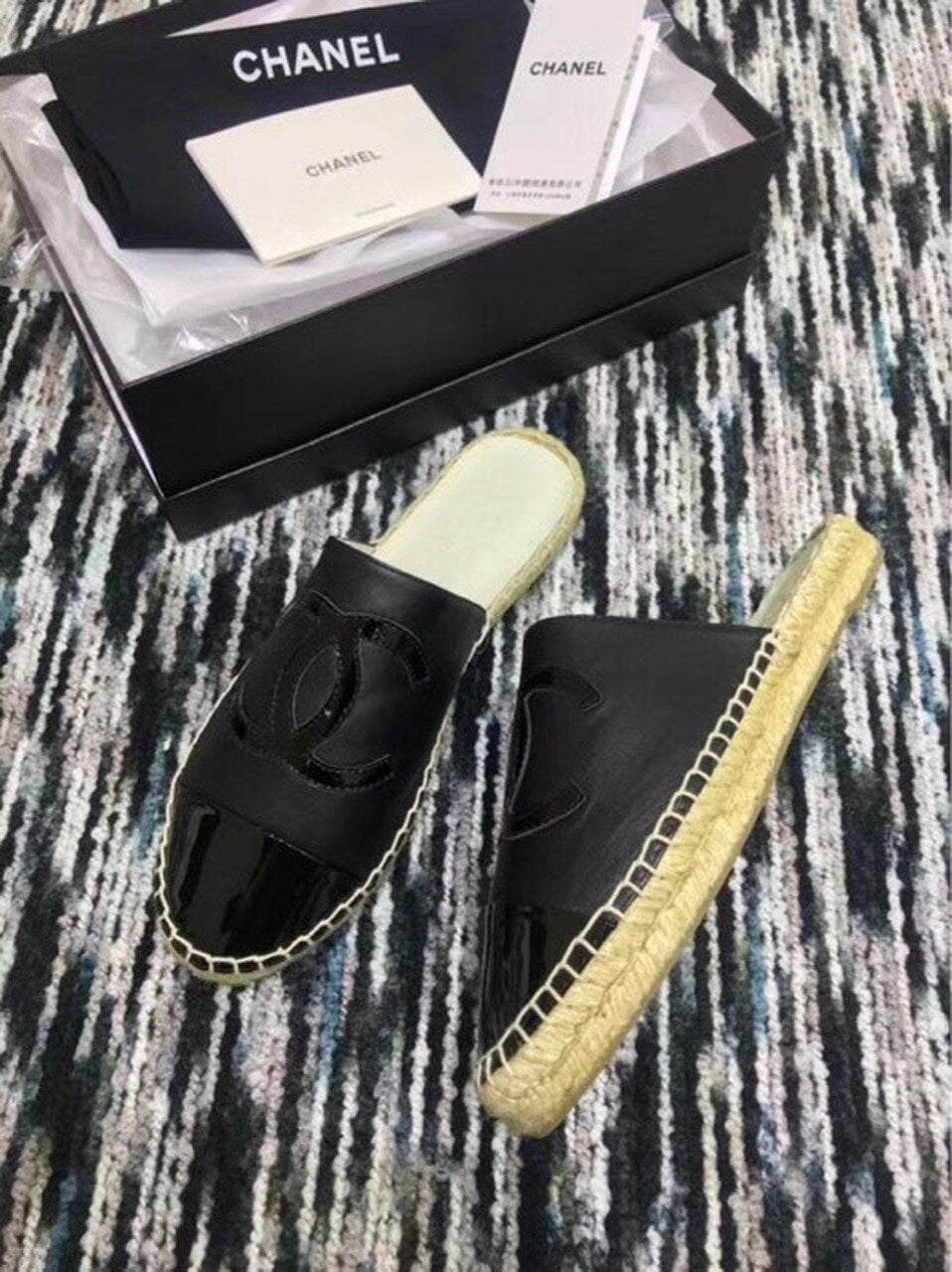 Chanel Espadrille Slides Mules Calfskin Leather Spring/Summer Act 2 Collection Black/Black