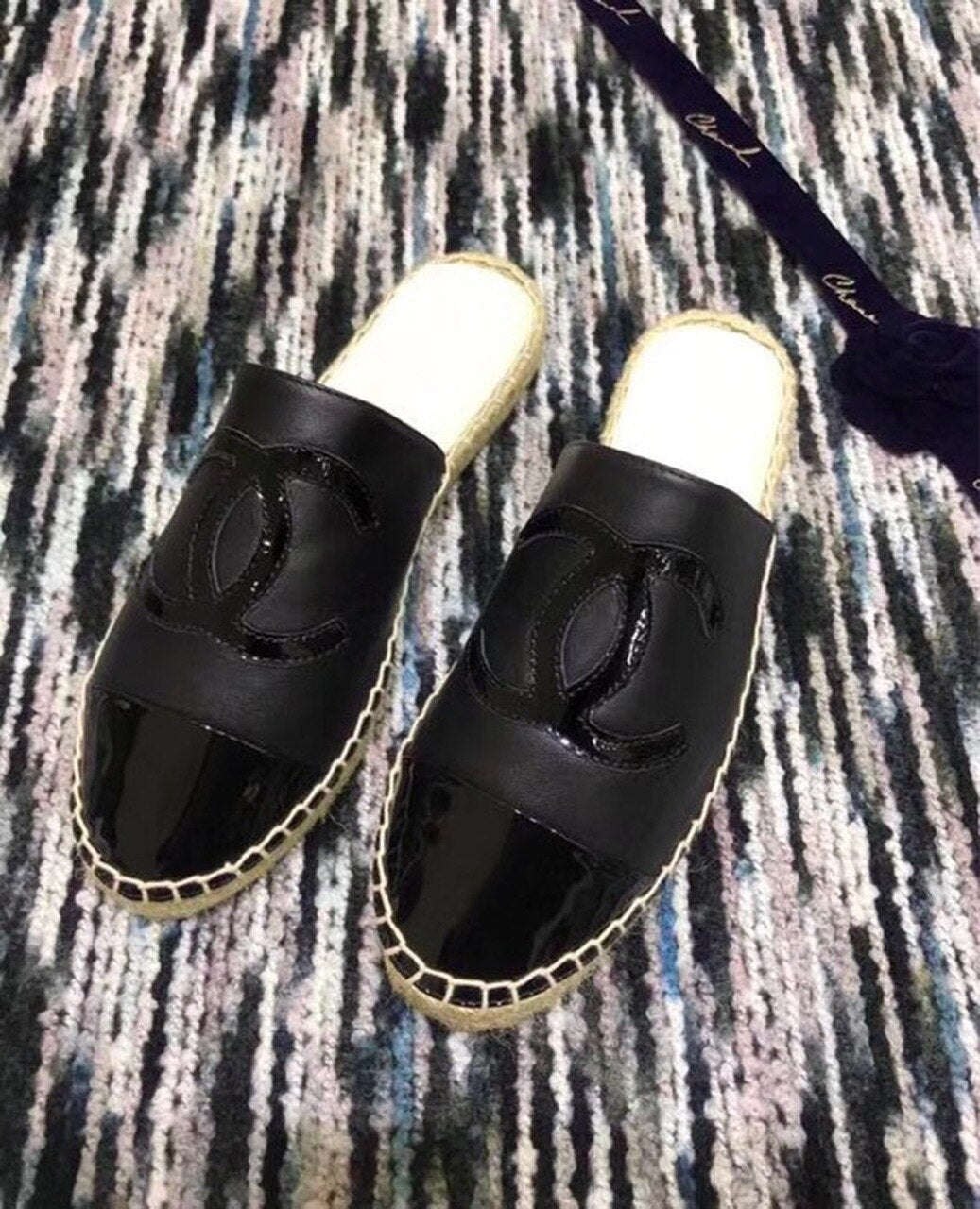 Chanel Espadrille Slides Mules Calfskin Leather Spring/Summer Act 2 Collection Black/Black