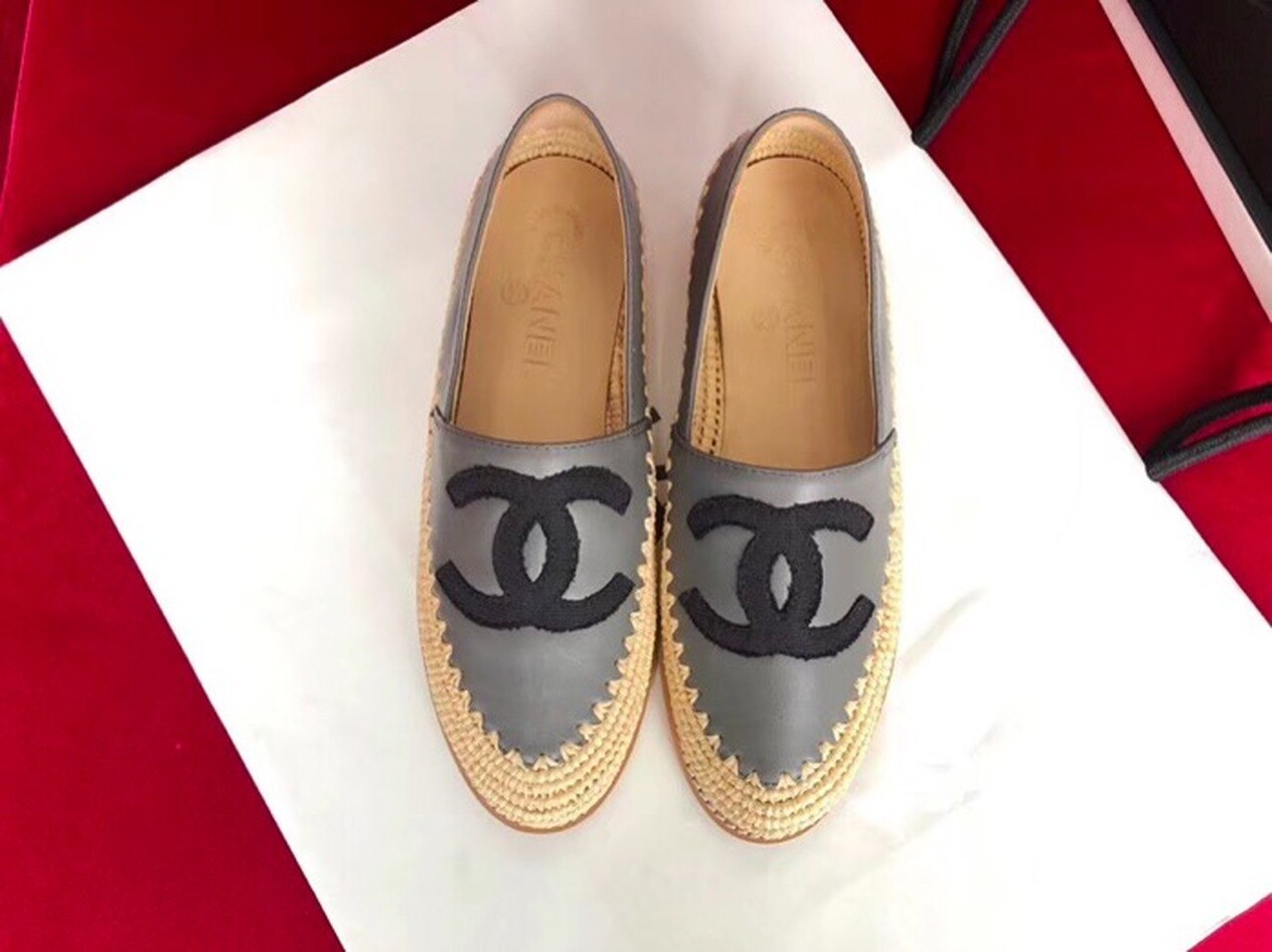 Fabric/Grosgrain Perforated Espadrilles Calfskin Leather Spring/Summer Act 2 Collection Light Grey/Black