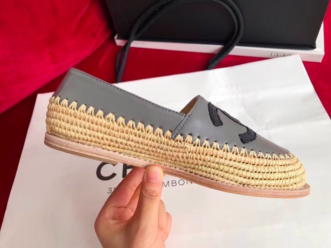 Fabric/Grosgrain Perforated Espadrilles Calfskin Leather Spring/Summer Act 2 Collection Light Grey/Black