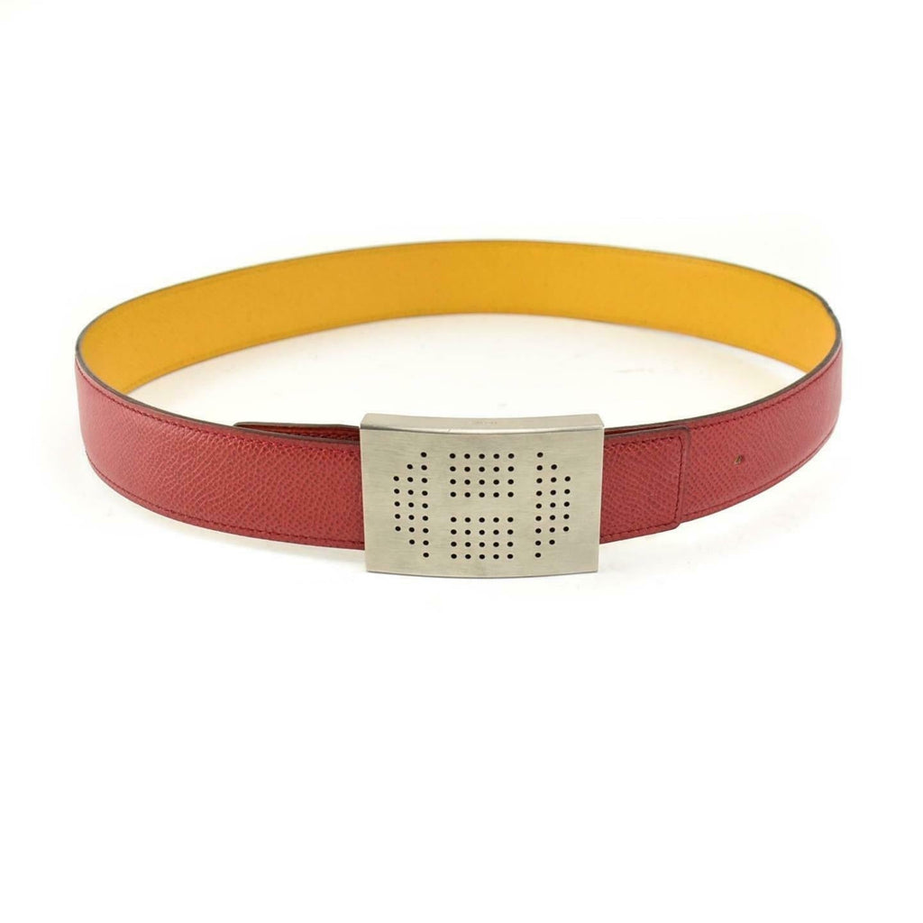 HERMES: Red/Golden Yellow Reversible Leather & "H" Logo Belt fits 26"- 28" (vp)