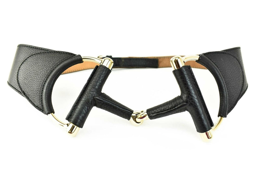 GUCCI: Black Leather & Gold "Horsebit" Buckle, Waist Belt fits 34" to 38" (ps)