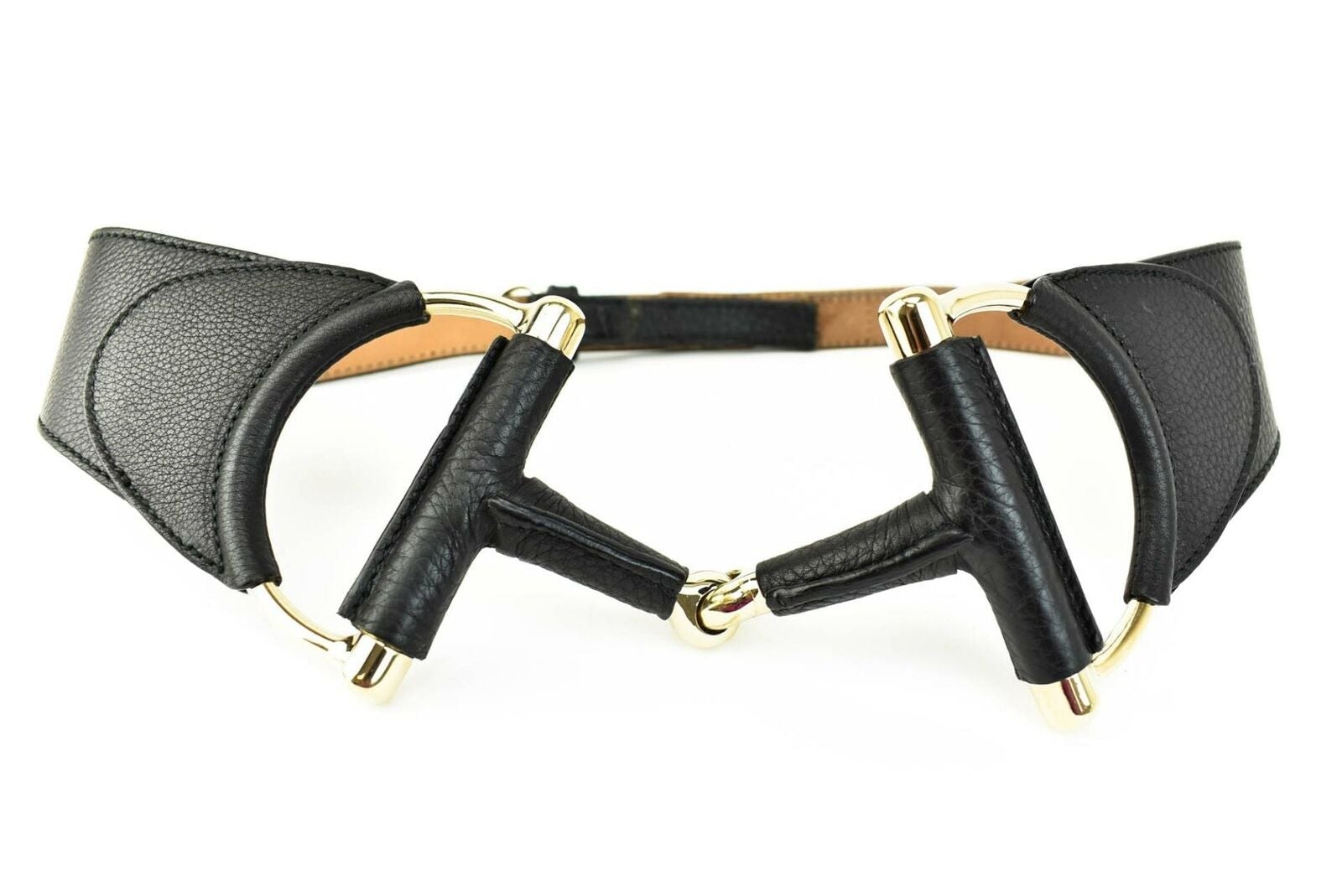 GUCCI: Black Leather & Gold "Horsebit" Buckle, Waist Belt fits 34" to 38" (ps)