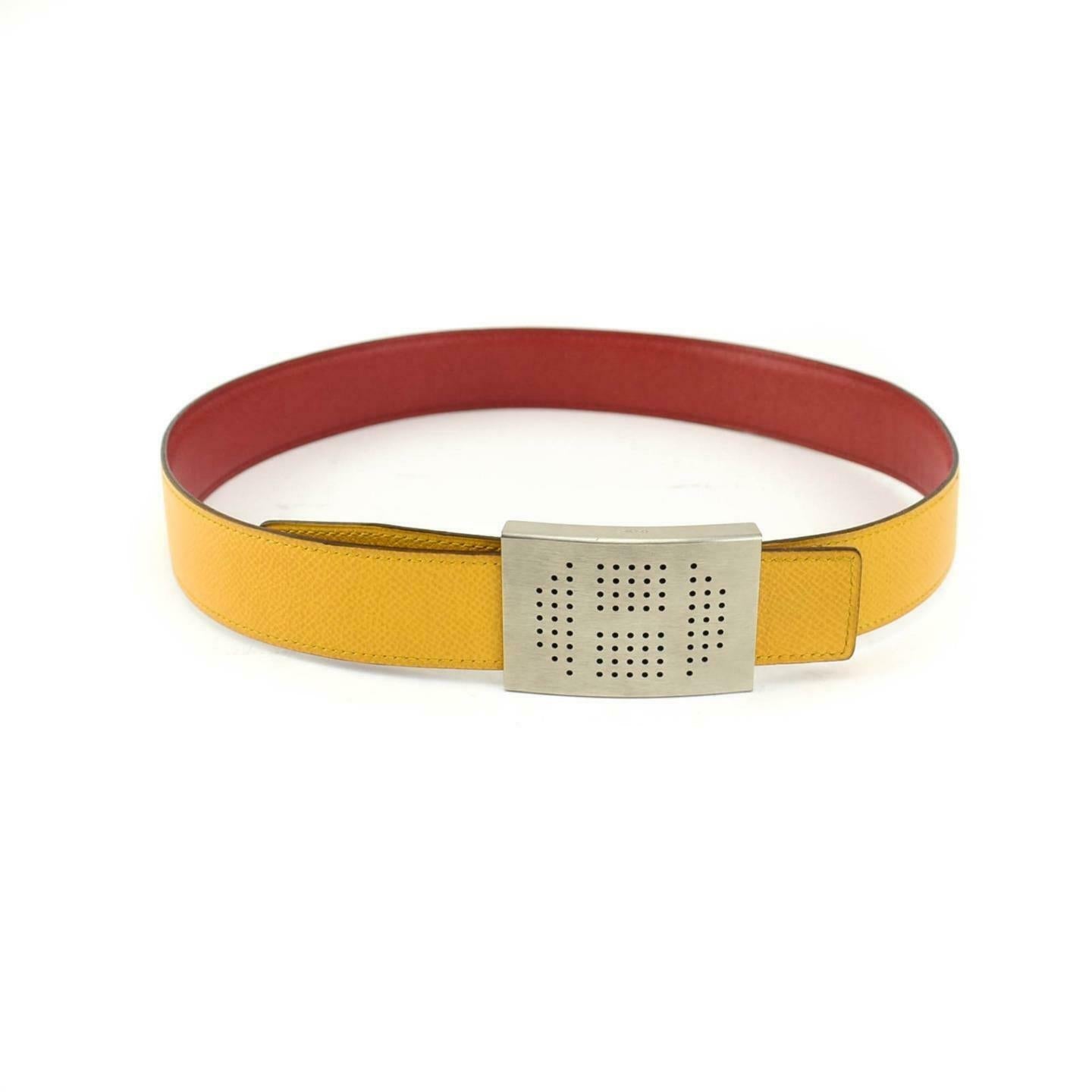 HERMES: Red/Golden Yellow Reversible Leather & "H" Logo Belt fits 26"- 28" (vp)