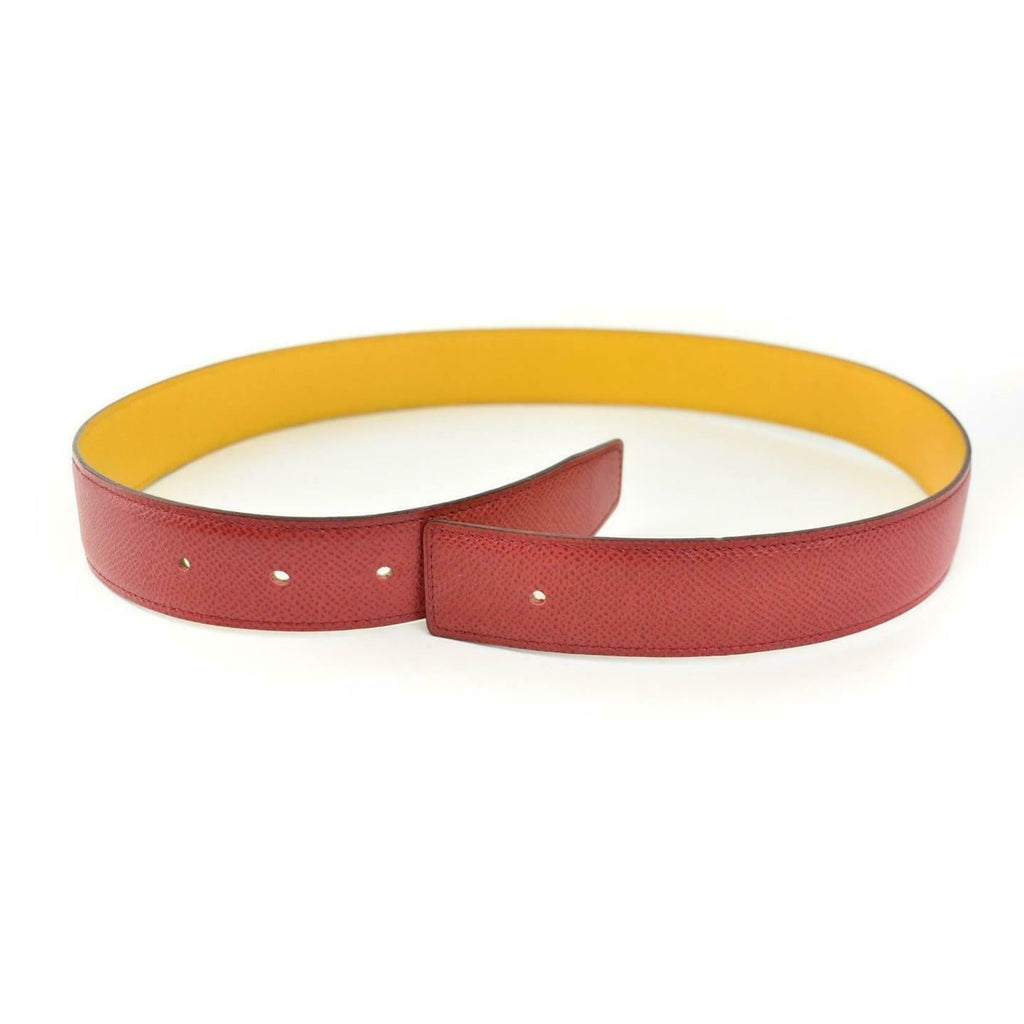HERMES: Red/Golden Yellow Reversible Leather 32mm Belt Strap fits 26"- 28"