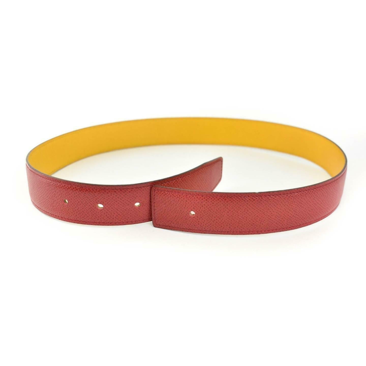 HERMES: Red/Golden Yellow Reversible Leather 32mm Belt Strap fits 26"- 28"