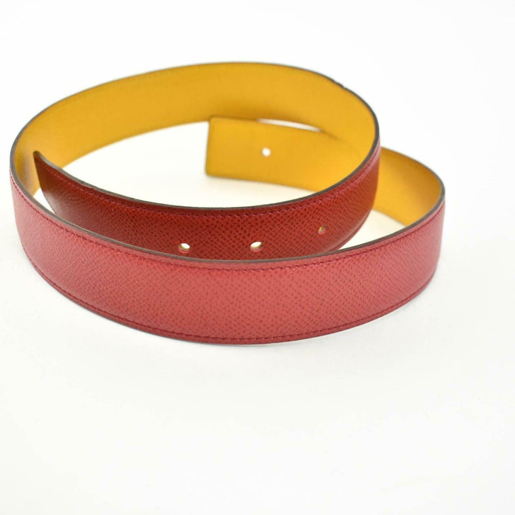 HERMES: Red/Golden Yellow Reversible Leather 32mm Belt Strap fits 26"- 28"