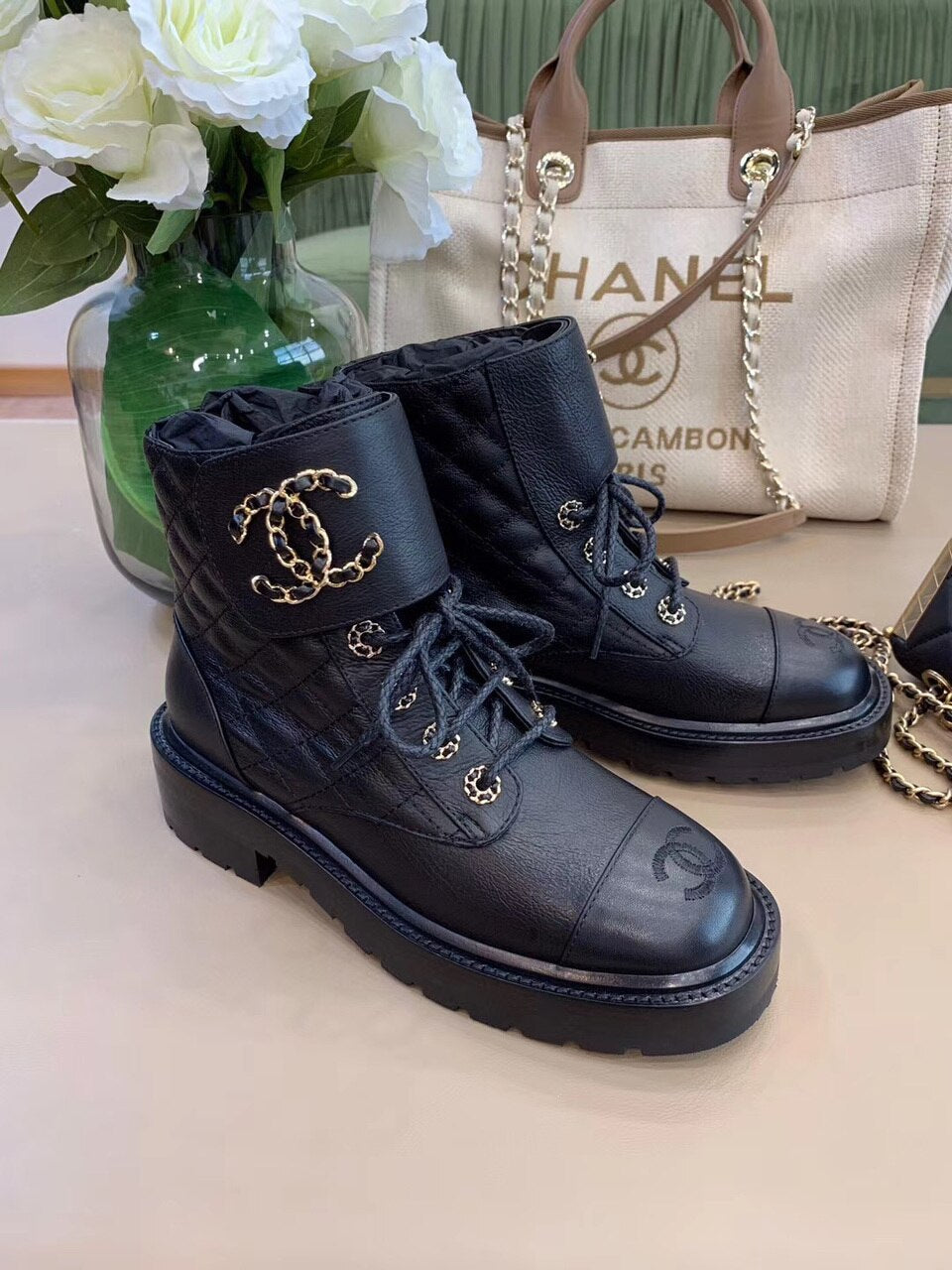 Chanel Quilted CC Lace Up Boots Lambskin Leather Spring/Summer Collection, Black
