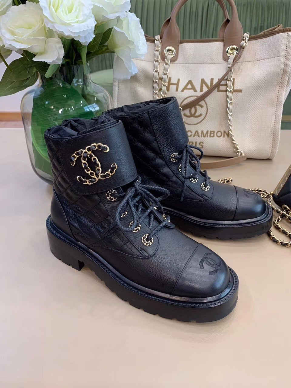 Chanel Quilted CC Lace Up Boots Lambskin Leather Spring/Summer Collection, Black
