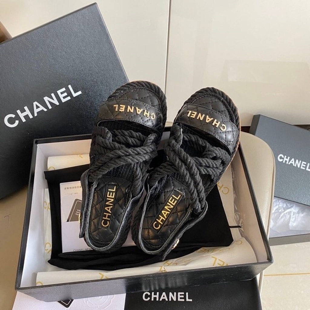 Chanel Velcro Rope Strappy Sandals Calfskin Leather Spring/Summer Collection Black