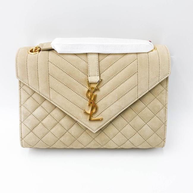Saint Laurent Monogram Envelope Medium Beige Suede Leather Shoulder Bag