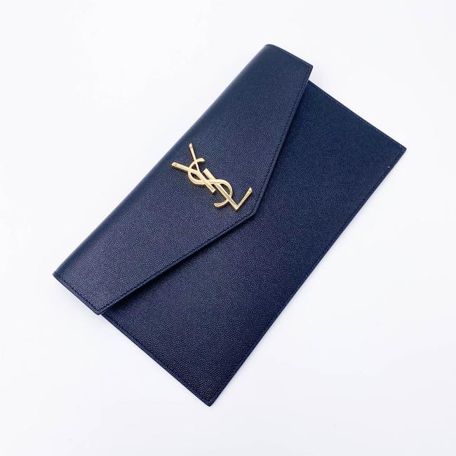 Saint Laurent Envelope Uptown Monogram Plaque Grained-leather Black Leather Clutch