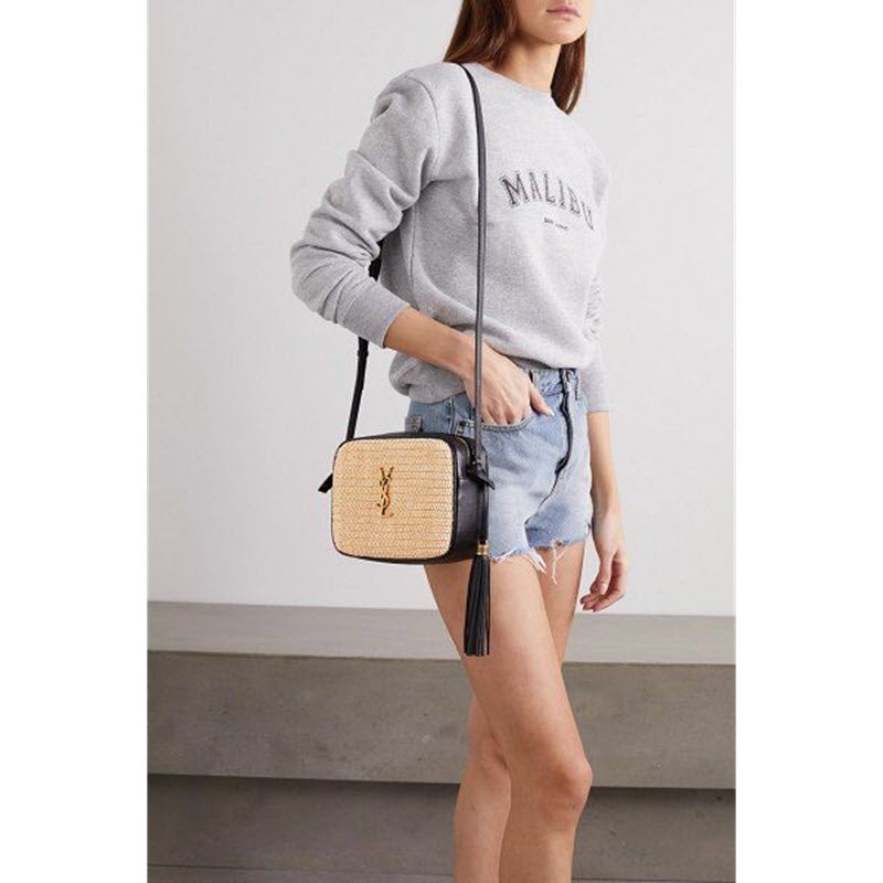 Saint Laurent Monogram Lou Camera Raffia Canvas Beige Brown Leather Shoulder Bag