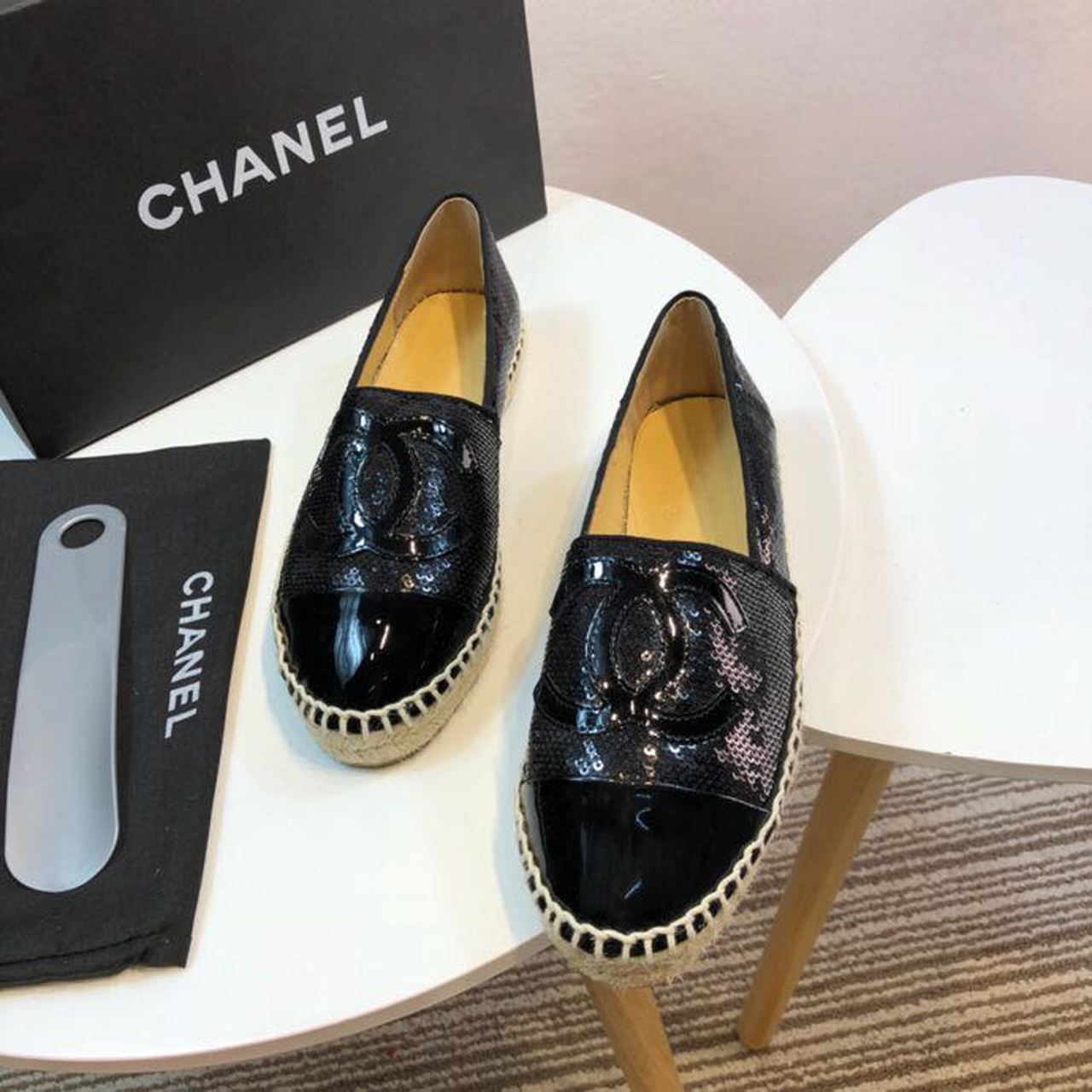 Sequin and Fabric CC Lambskin Toe Espadrilles Fall/Winter Collection Black