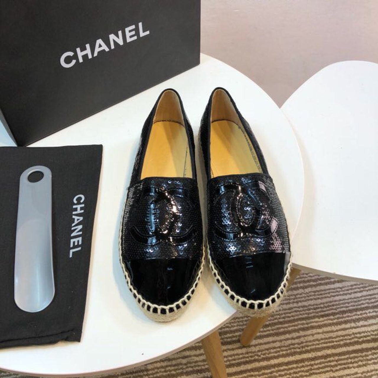 Sequin and Fabric CC Lambskin Toe Espadrilles Fall/Winter Collection Black
