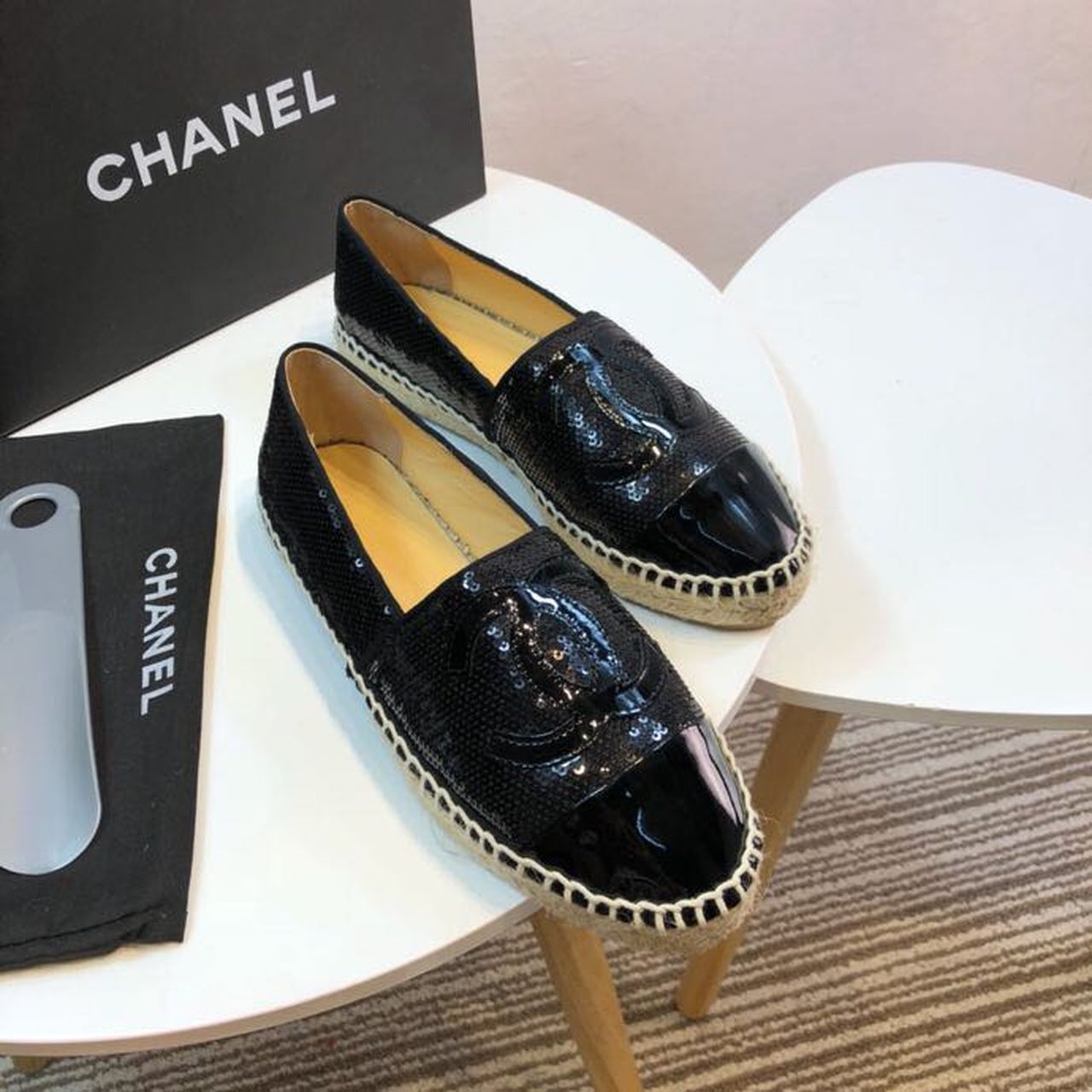 Sequin and Fabric CC Lambskin Toe Espadrilles Fall/Winter Collection Black