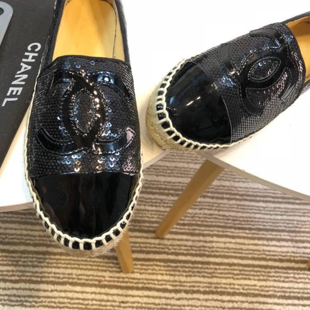 Sequin and Fabric CC Lambskin Toe Espadrilles Fall/Winter Collection Black