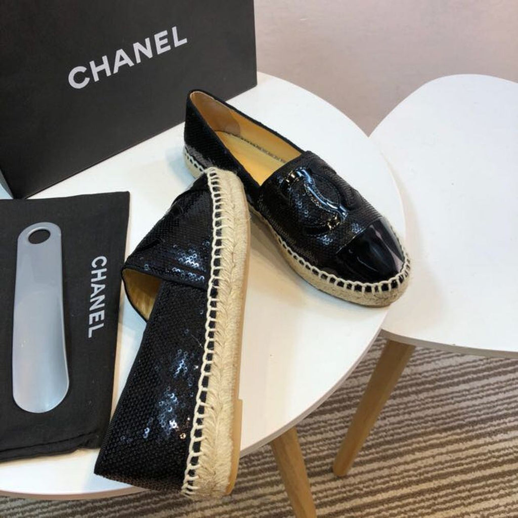 Sequin and Fabric CC Lambskin Toe Espadrilles Fall/Winter Collection Black
