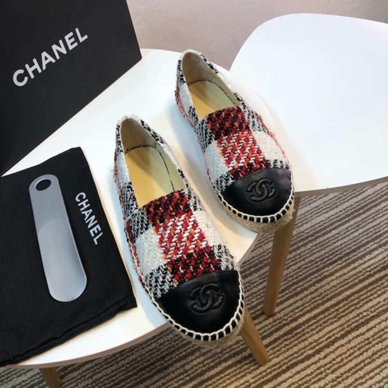 Tweed Plaid and Lambskin Toe Espadrilles Spring/Summer Collection Act 2 Red/Black/White