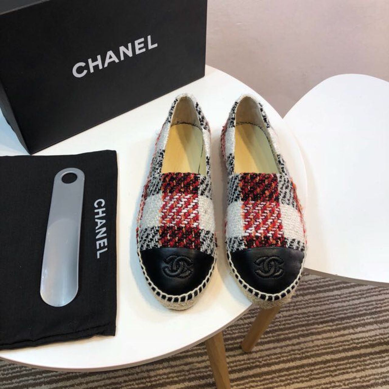Tweed Plaid and Lambskin Toe Espadrilles Spring/Summer Collection Act 2 Red/Black/White