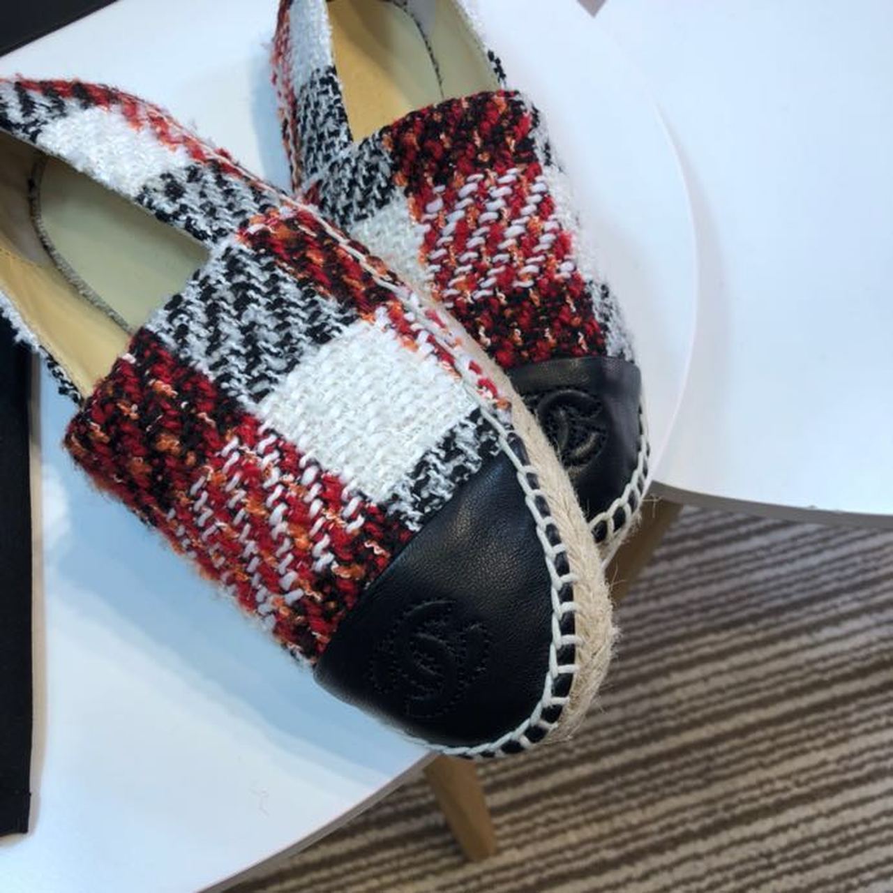 Tweed Plaid and Lambskin Toe Espadrilles Spring/Summer Collection Act 2 Red/Black/White