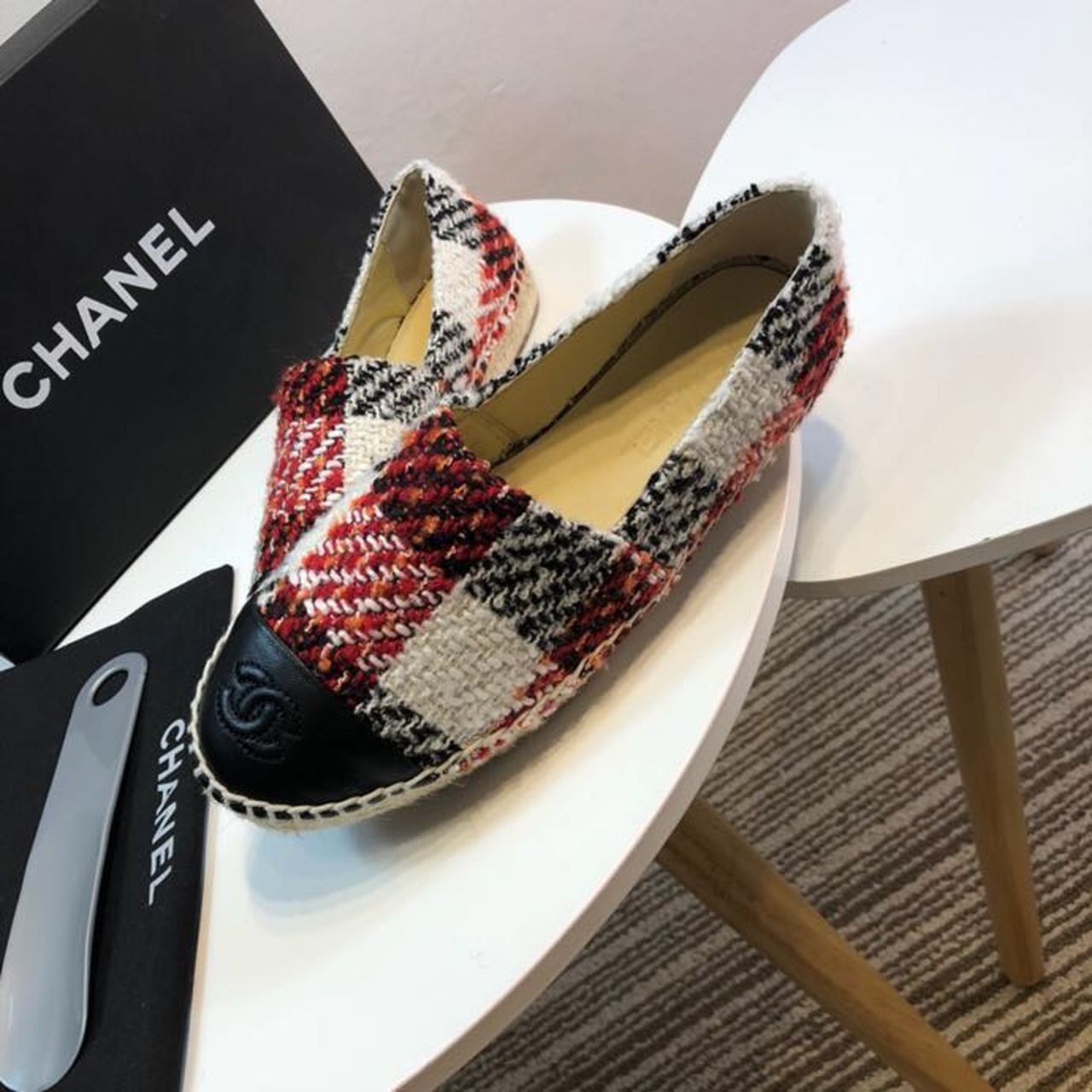 Tweed Plaid and Lambskin Toe Espadrilles Spring/Summer Collection Act 2 Red/Black/White