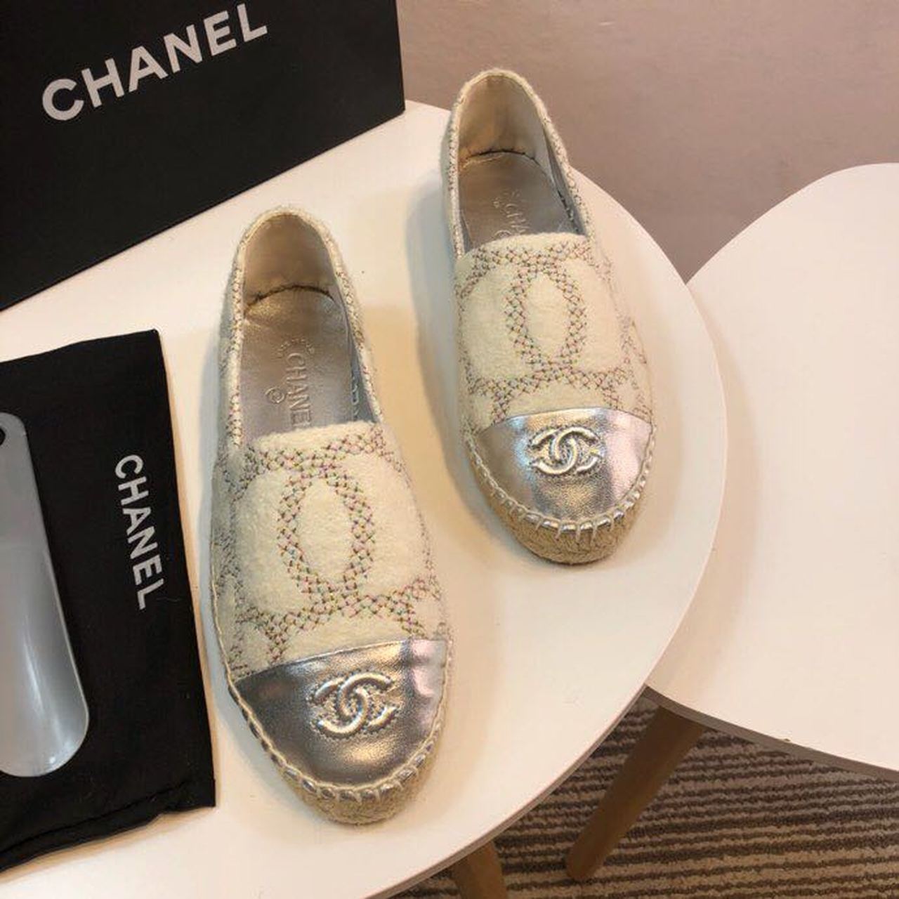 Chanel Wool and Lambskin Toe Espadrilles Spring/Summer Collection Act 2 White Multi/Silver