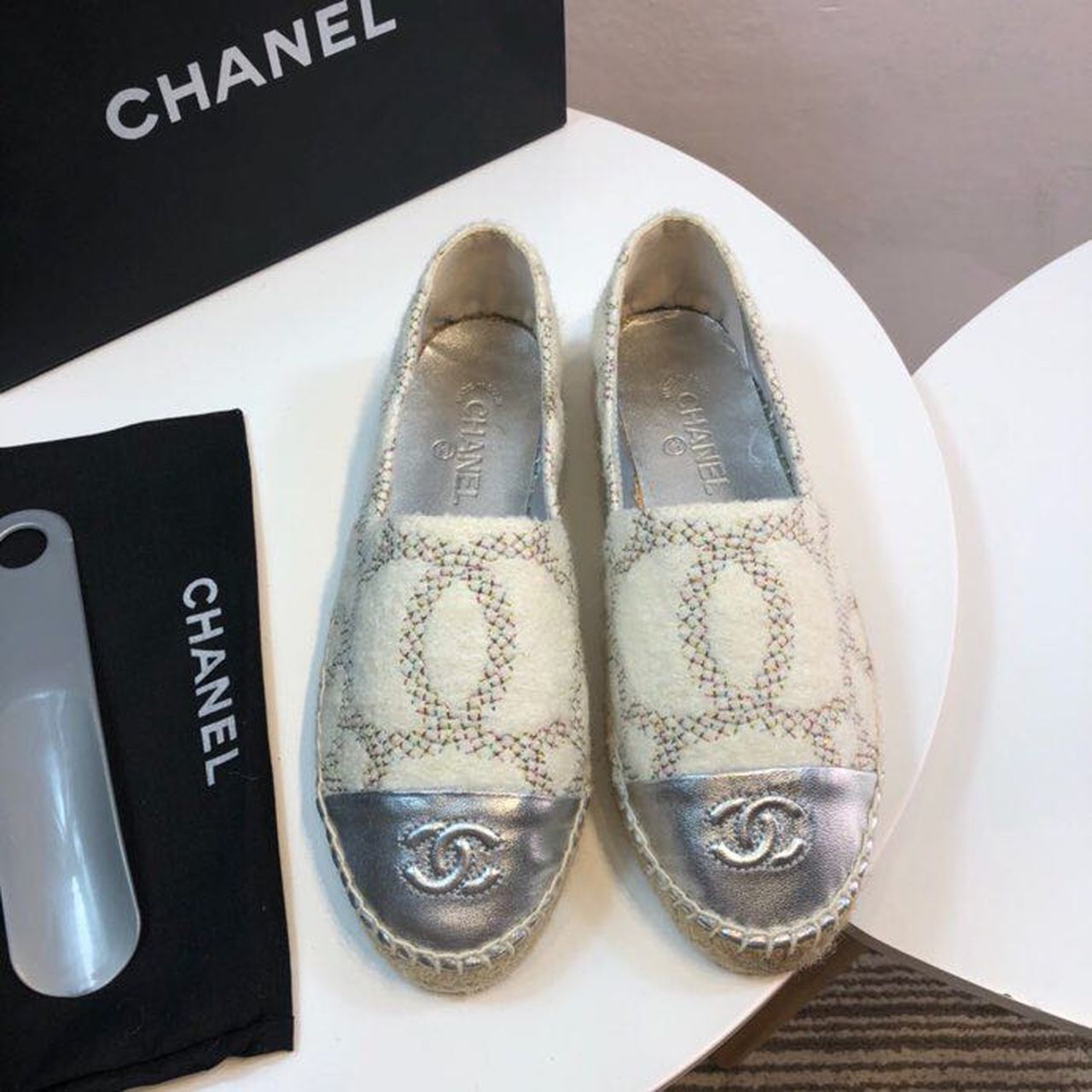 Chanel Wool and Lambskin Toe Espadrilles Spring/Summer Collection Act 2 White Multi/Silver