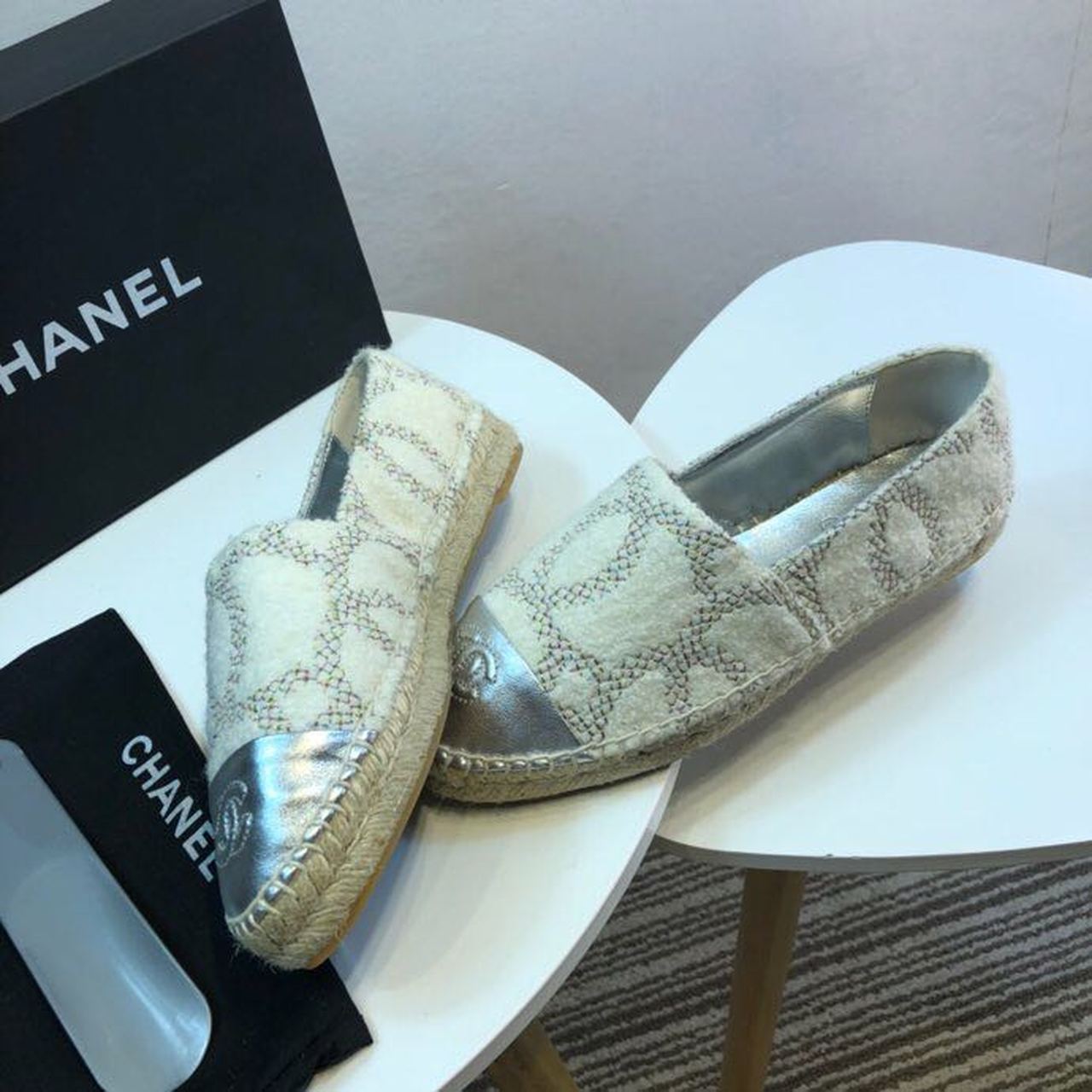 Chanel Wool and Lambskin Toe Espadrilles Spring/Summer Collection Act 2 White Multi/Silver