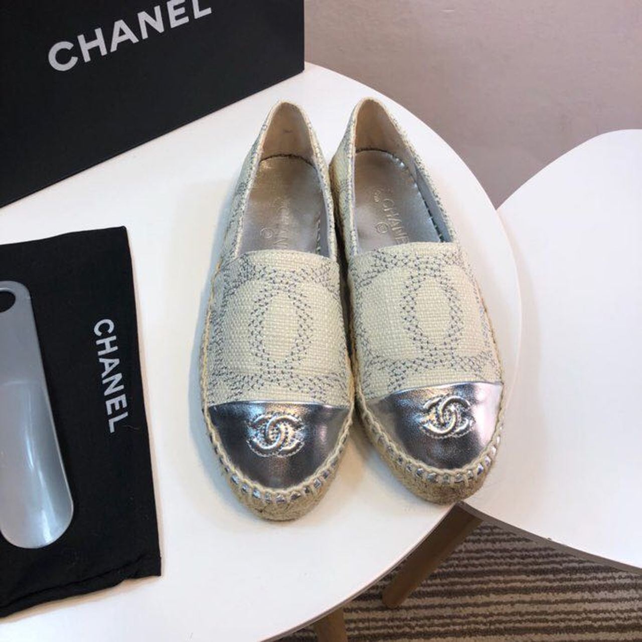 Chanel Tweed and Lambskin Toe Espadrilles Spring/Summer Collection Act 2 White/Silver